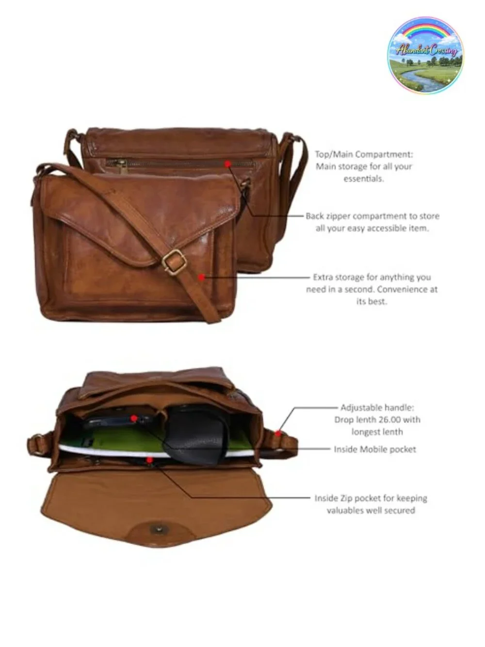 Genuine Leather Crossbody Purse for Women, Shoulder Bag with Adjustable Strap